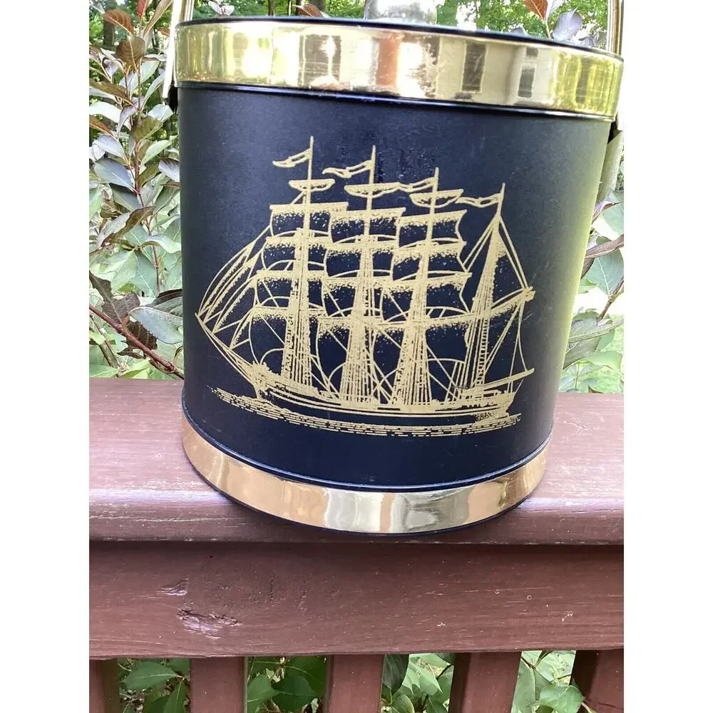 Shelton Ware Ice Bucket Vintage Barware Sailboat 1960 MCM‎ Retro Black Gold